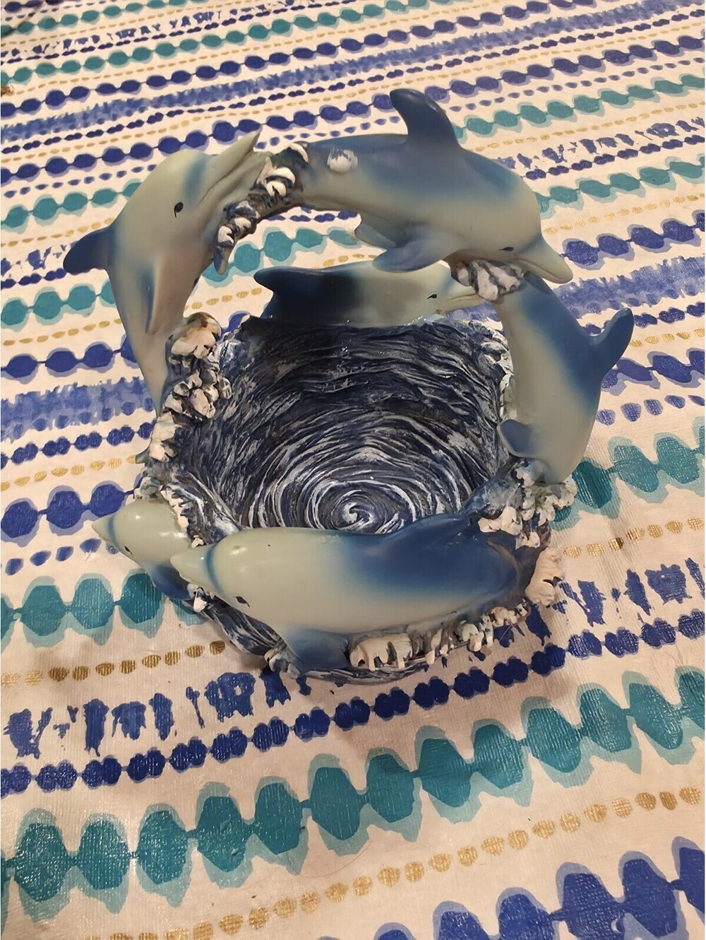 Blue Dolphins Riding the Waves Trinket Basket Bowl Handle Resin 6” Tall